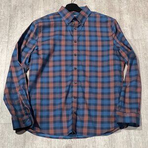 Express 1MX Slim Fit Dress Shirt Navy/Copper Plaid Medium Tall